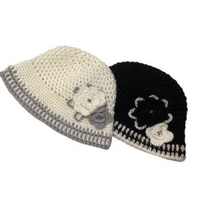 Crochet Bucket Hat Black White removable Floral Appliqué Accent